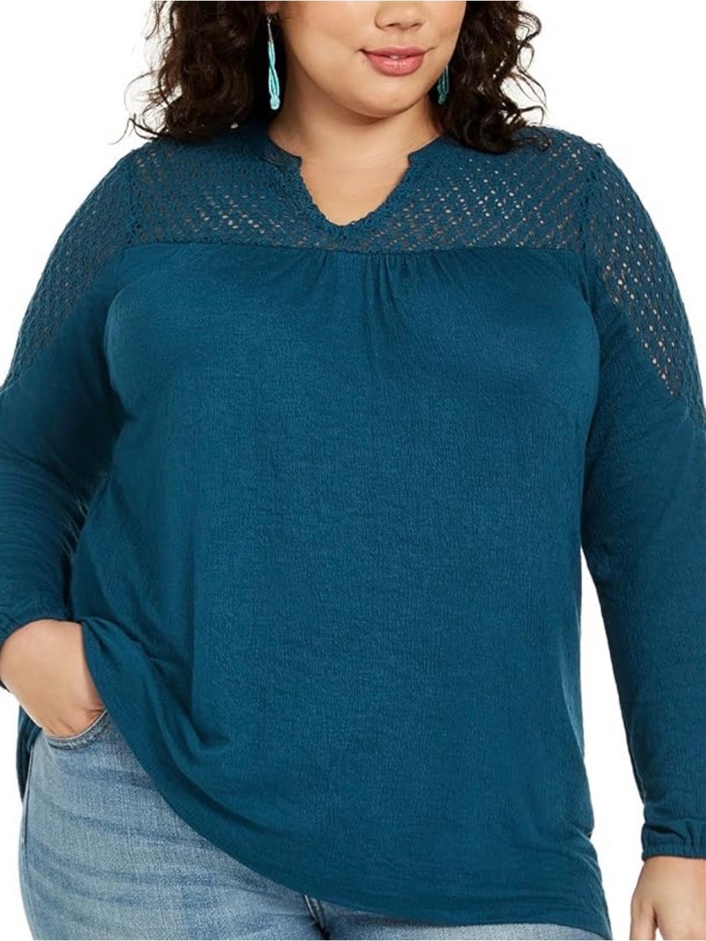 Style & Co Top Women’s 0X Plus Teal Green Crochet Lace Gauze V-Neck Boho Relaxed